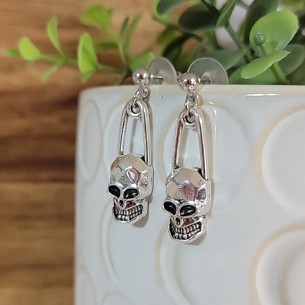 SAFETY PIN SKULL DROP EARRINGS
